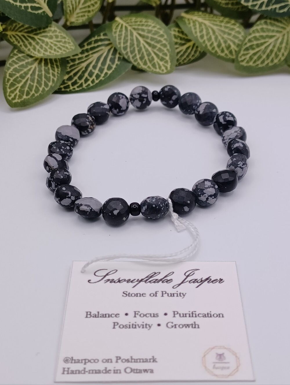 Snowflake Jasper Healing Crystal Stretch Beaded Bracelet - Black & Gray